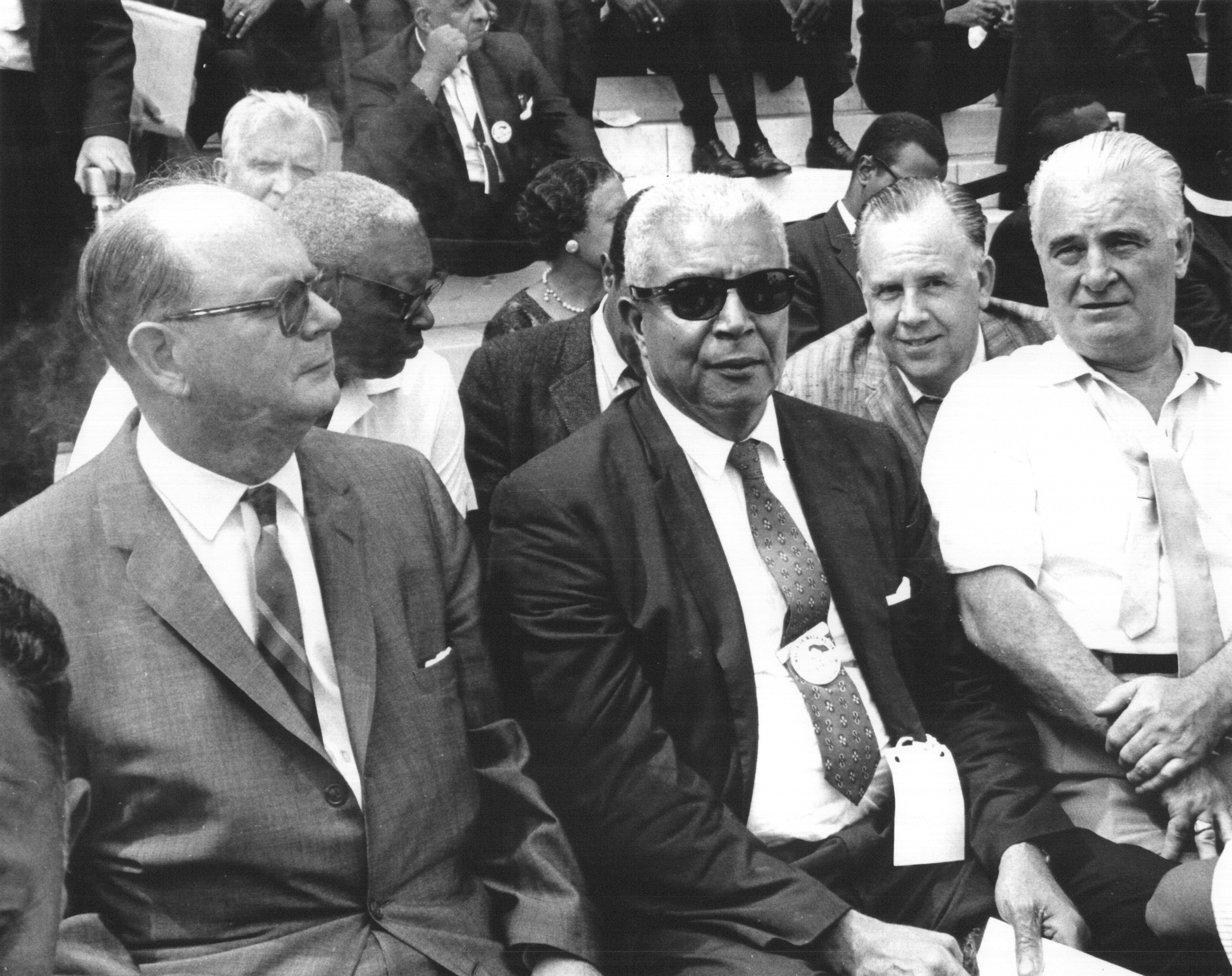 At the March on Washington for Jobs and Freedom on August 28th, 1963, left to right: David Sullivan, International President of the Building Service Employees Union (now the SEIU); William Bowe; and Harry Van Arsdale Jr.