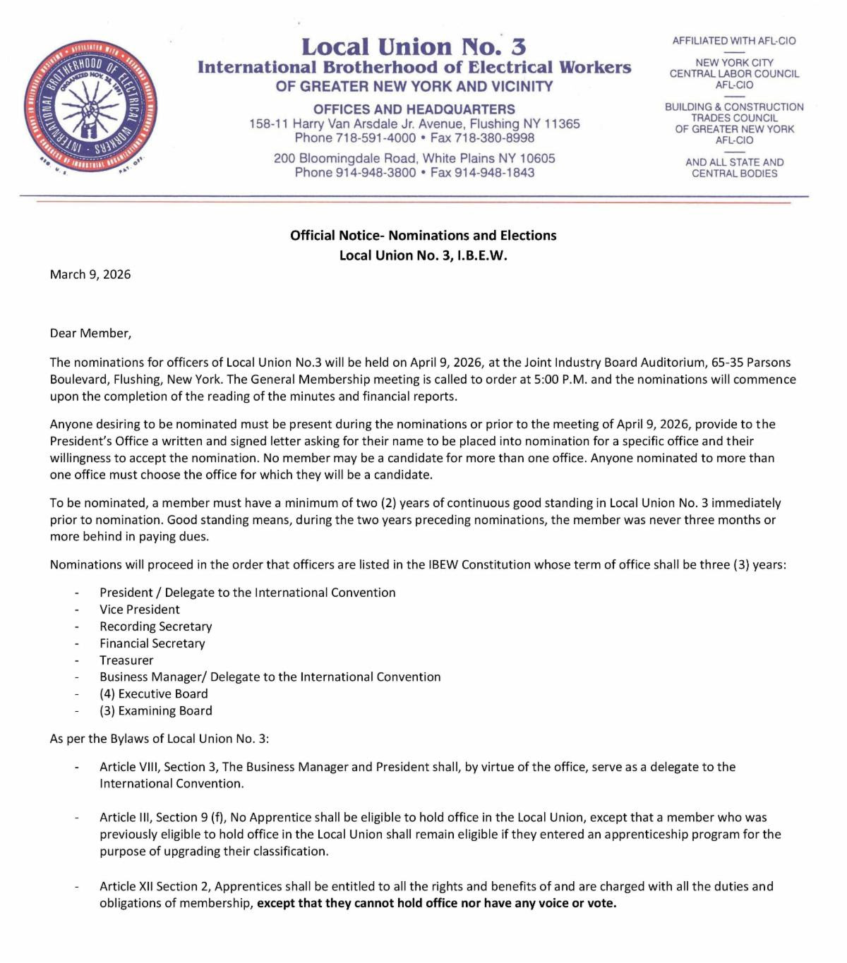 Nominations and Voting in the Election of Officers | Local Union No. 3 IBEW